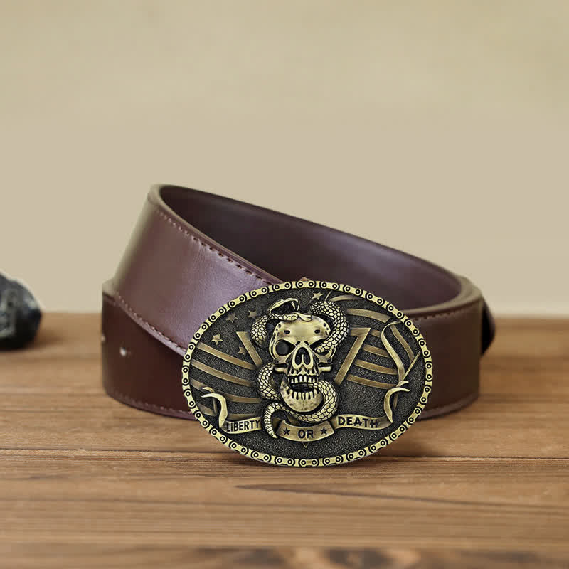 Men's DIY "Liberty or Death" Snake Skull Buckle Leather Belt