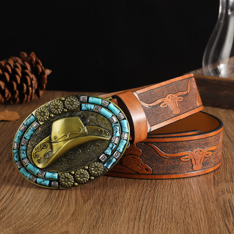 Men's Cowboy Gold Hat Turquoise Decor Leather Belt