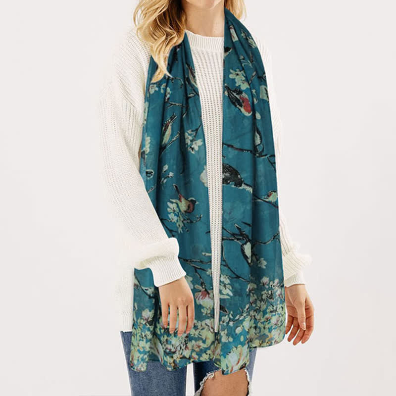 Women's Lightweight Blooming Floral Birds Scarf