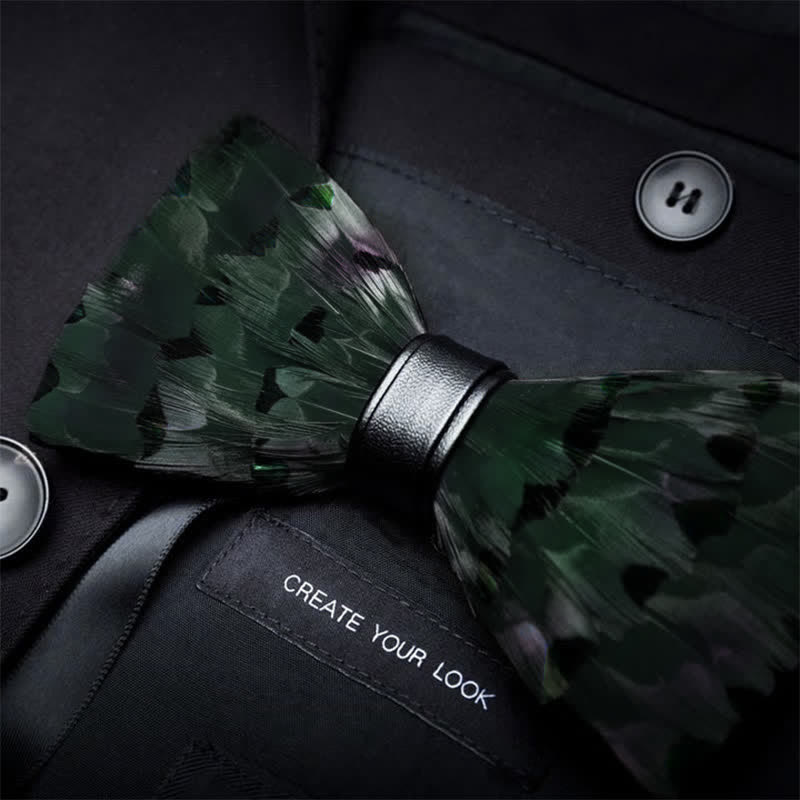 Dark Green Finch Tail Feather Bow Tie with Lapel Pin - image 1