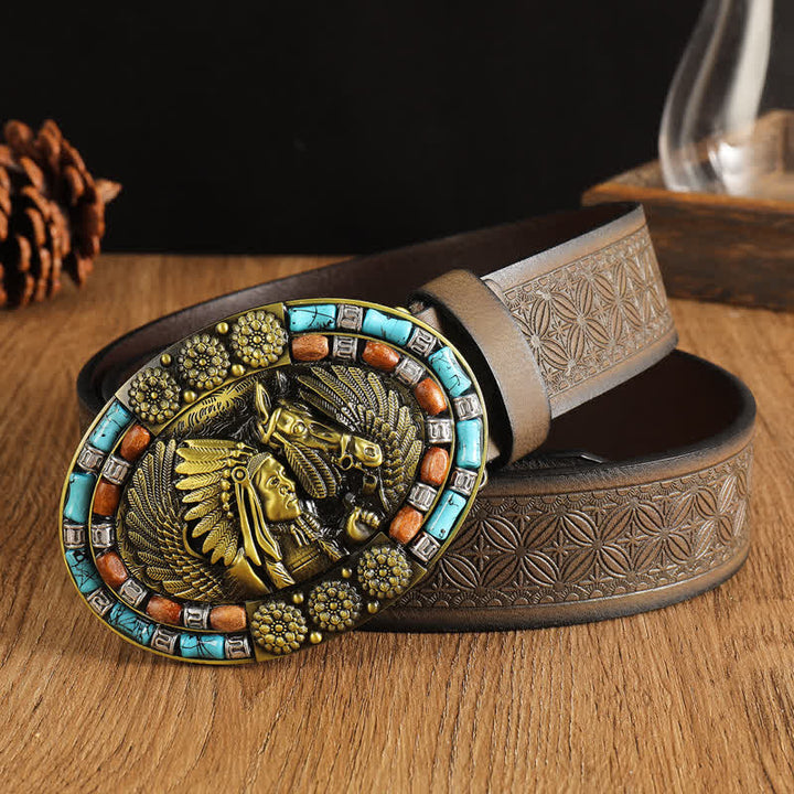 Men's Boho Indian Art Turquoise Leather Belt