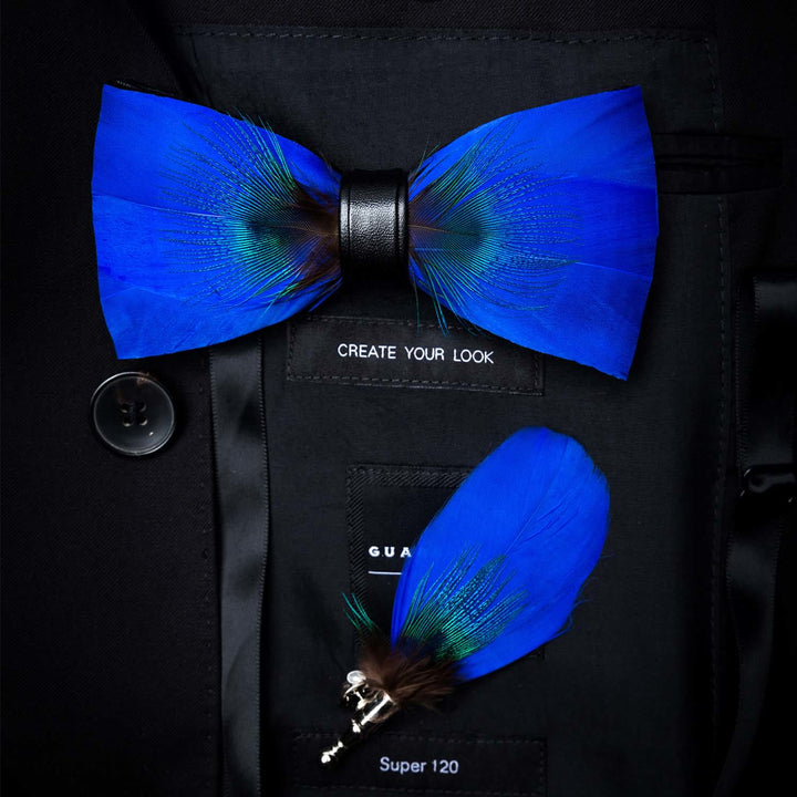 Kid's Oxford Blue Peacock Feather Bow Tie with Lapel Pin