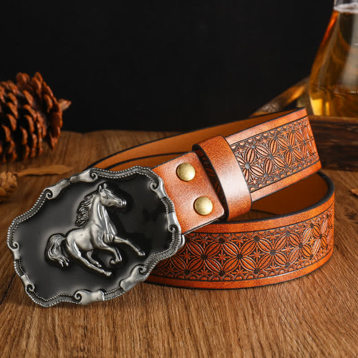 Men's Black Silver Running Horse Leather Belt