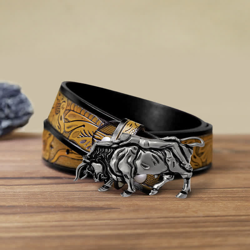 Men's DIY Authentic Silver Bull Buckle Leather Belt