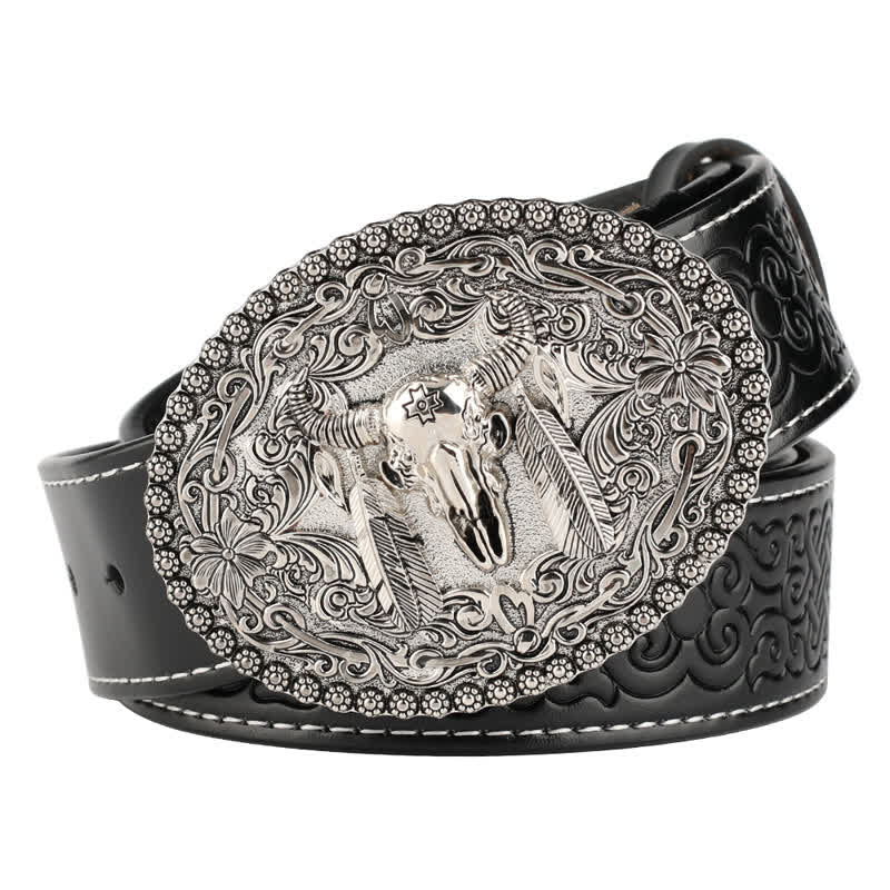 Men's Engarved Feather Bull Jeans Leather Belt