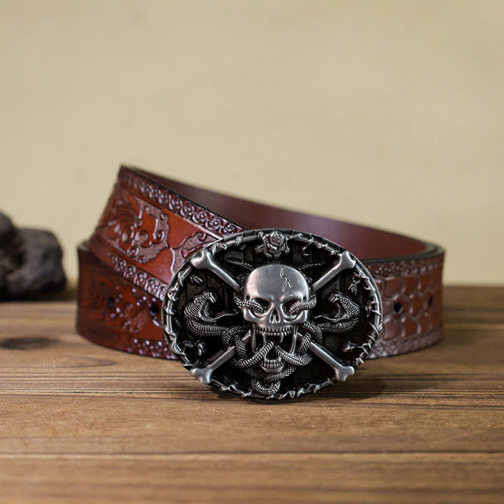 Men's DIY Gothic Cross Skull Snake Buckle Leather Belt