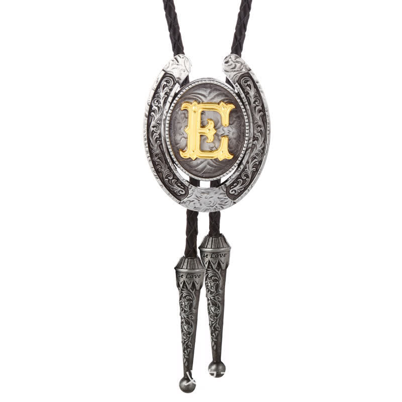 Modern Western Horseshoe Initial Letter A To Z Bolo Tie - Silver - E - image 34