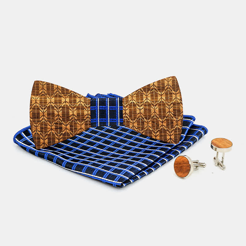 3Pcs Men's Carving Crown Wooden Bow Tie Set