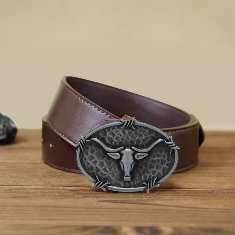 Men's DIY Cowboy Bull Head Hammered Buckle Leather Belt