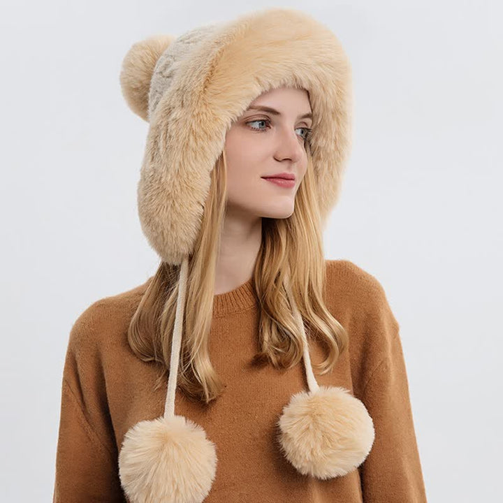 Women's Triple Pompoms Thickened Warm Knitted Hat - image 4
