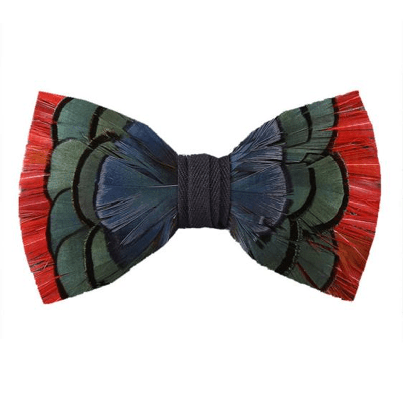 Orange Greenish Blue Feather Bow Tie with Lapel Pin - Orange & Green - image 0