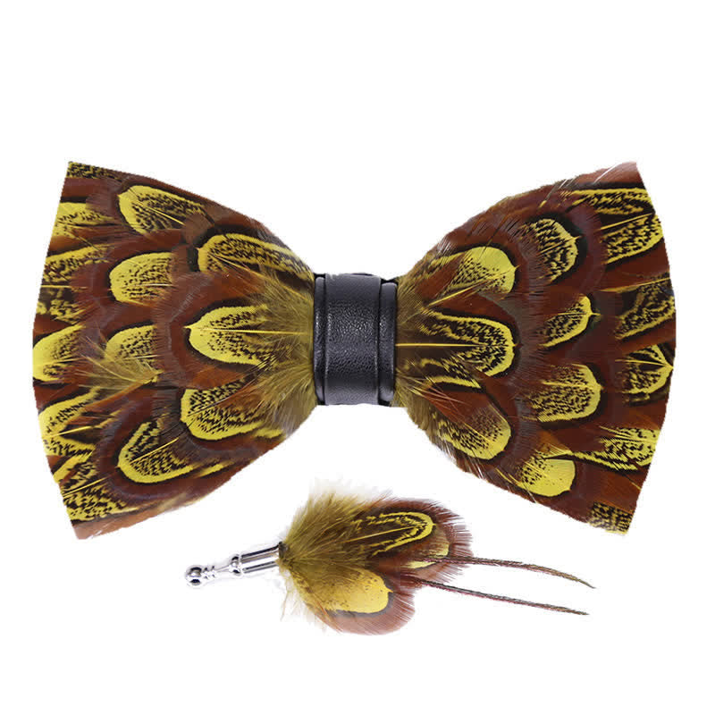 Yellow & Umber Pheasant Feather Bow Tie with Lapel Pin