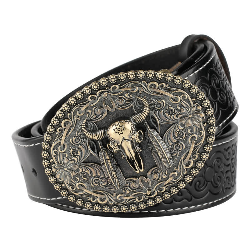 Men's Engarved Feather Bull Jeans Leather Belt