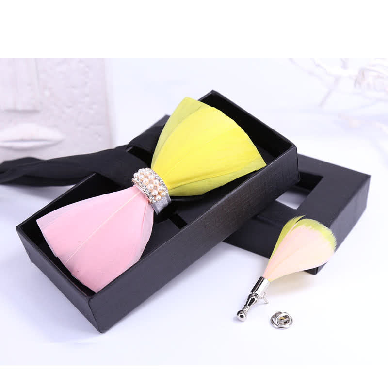 Pink & Yellow Shiny Pearl Feather Bow Tie with Lapel Pin