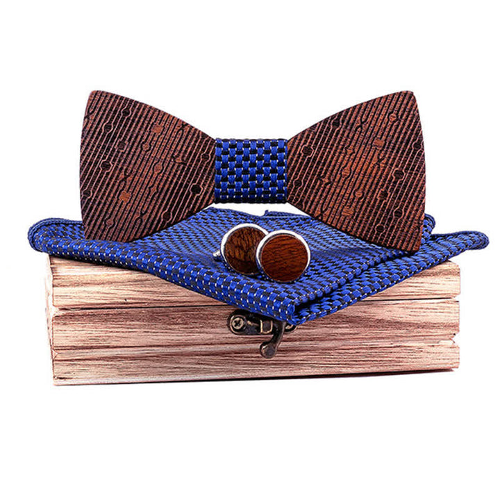 3Pcs Men's Hollow Leaves-shaped Wooden Bow Tie Set