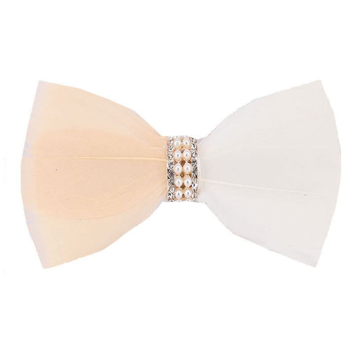 Blush & White Shiny Pearl Feather Bow Tie with Lapel Pin