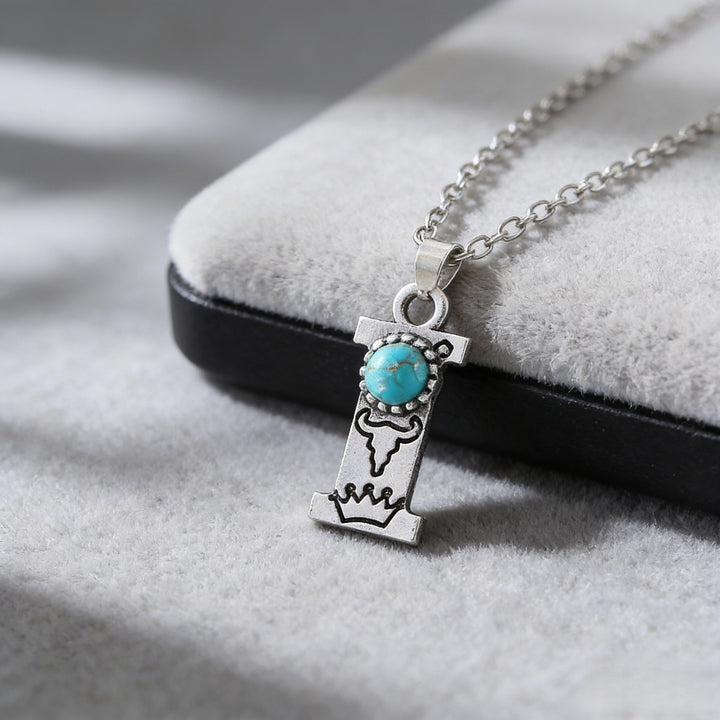 Vintage Initial Letter Turquoise Charm Necklace - I - image 10