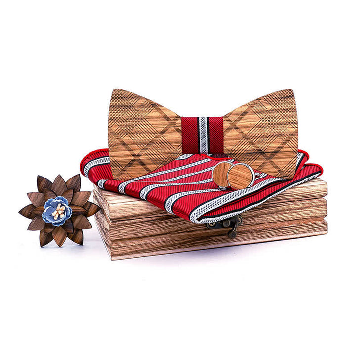 4Pcs Men's Classic Plaids Wooden Bow Tie Set