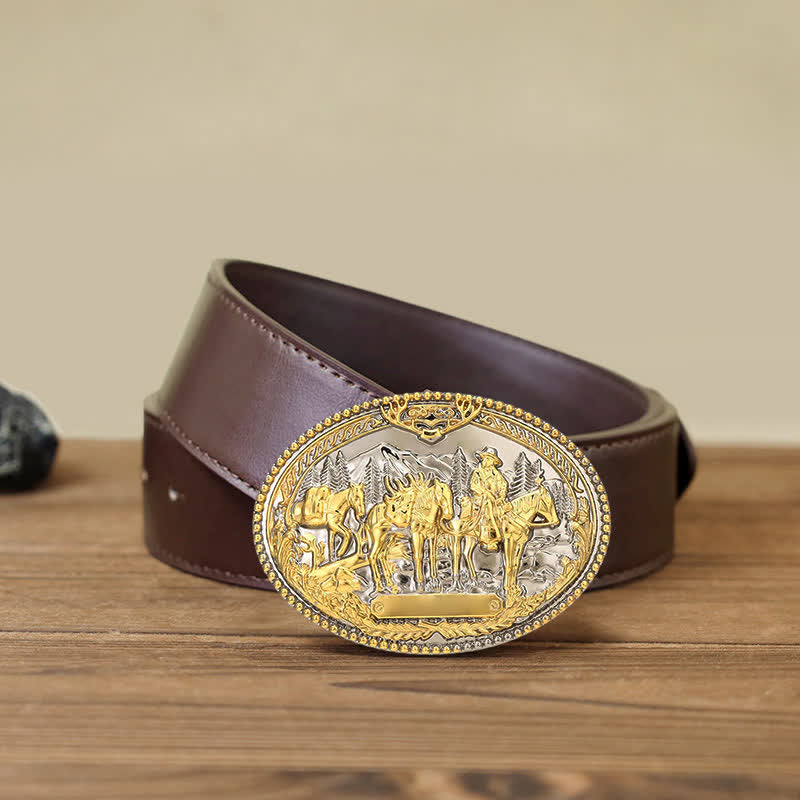 Men's DIY Cowboy Knight Leading Horse Buckle Leather Belt