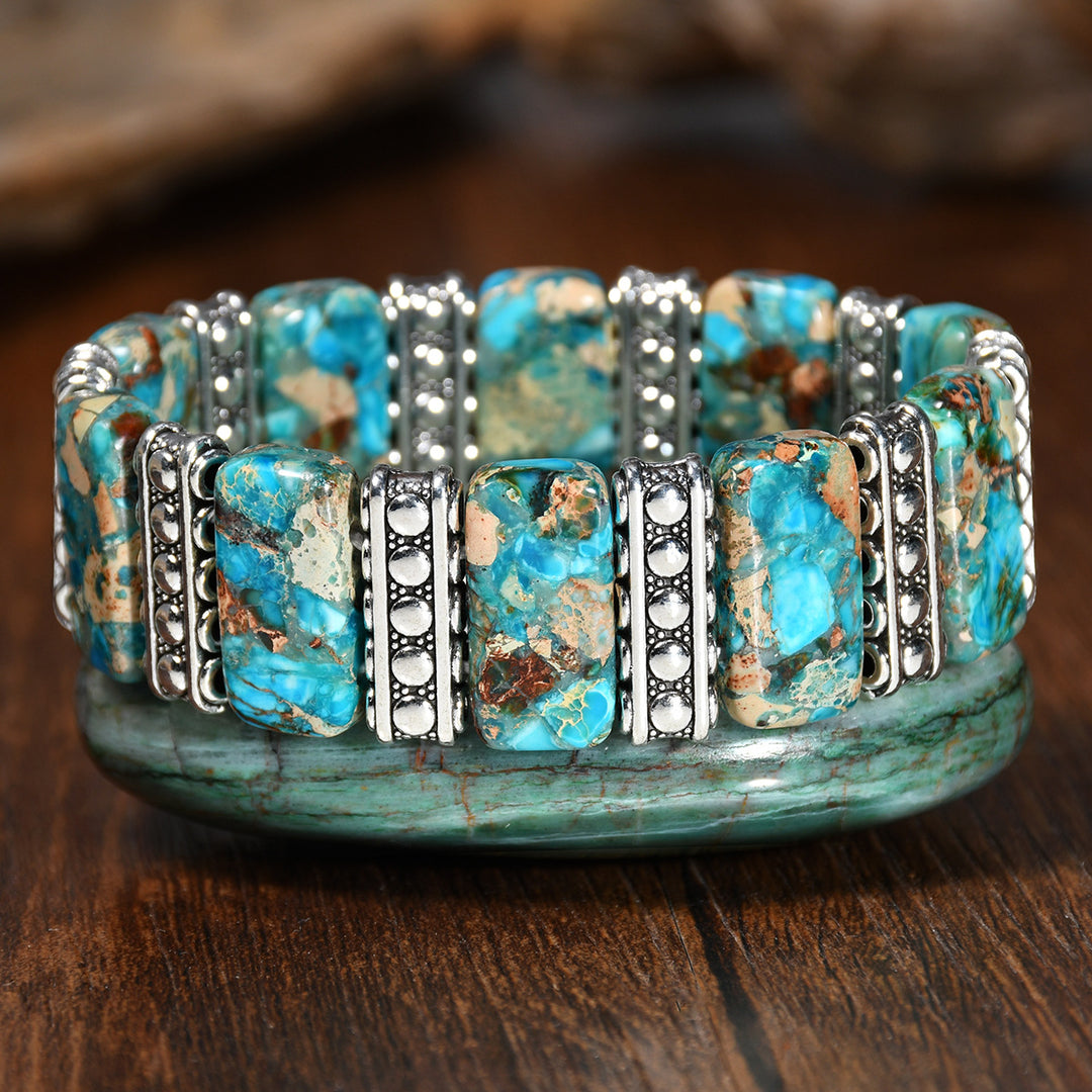 Vintage Boho Rectangle Emperor Stone Silver‑tone Panel Stretch Bracelet - Blue - image 4