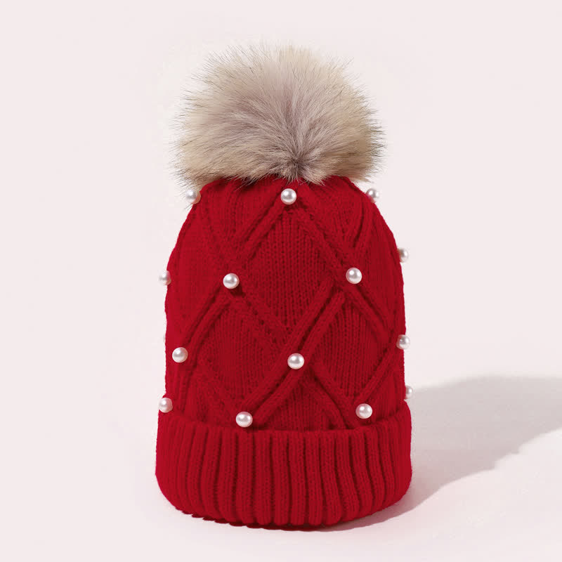 Women's Cute Pearls Deor Pompoms Stretchy Knitted Hat