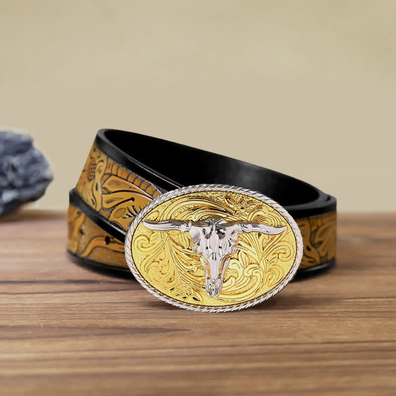 Men's DIY Shining Golden Bull Head Buckle Leather Belt