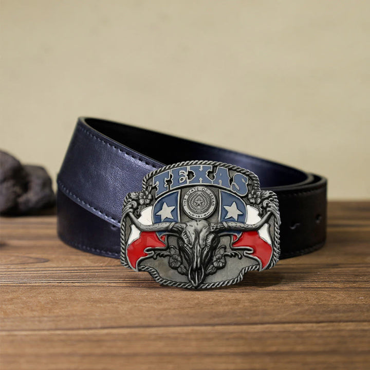 Men's DIY Texas Flag Longhorn Bull Buckle Leather Belt