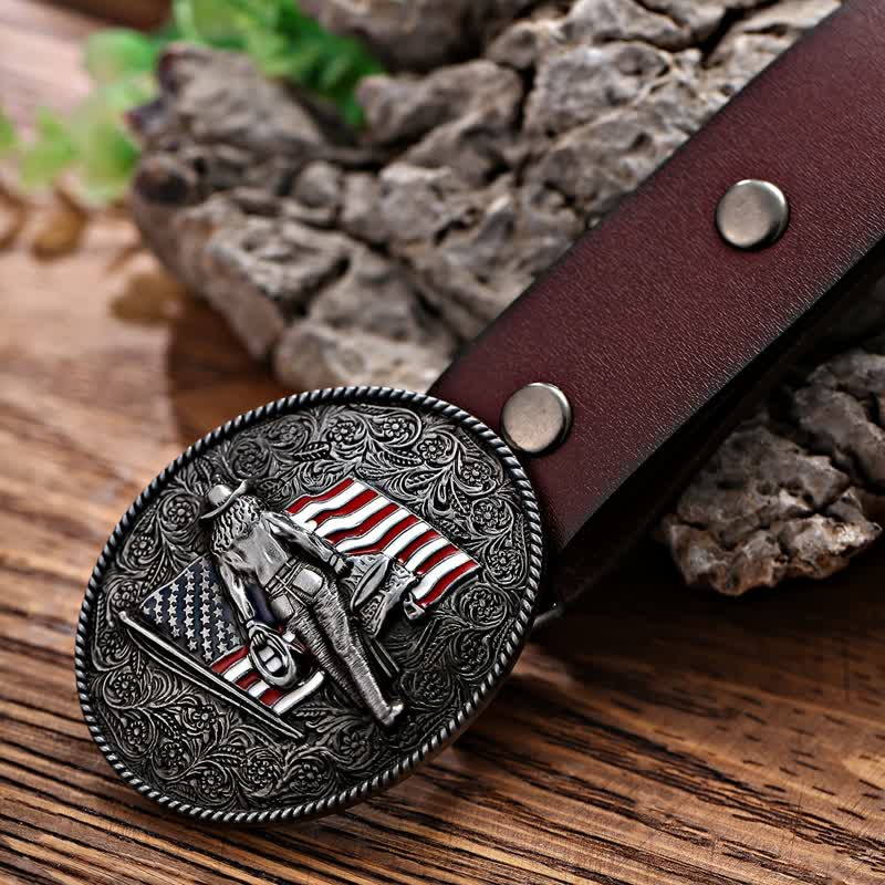 Men's DIY Cowboy American Flag Buckle Leather Belt