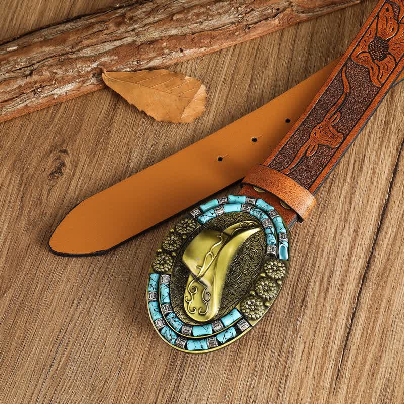 Men's Cowboy Gold Hat Turquoise Decor Leather Belt