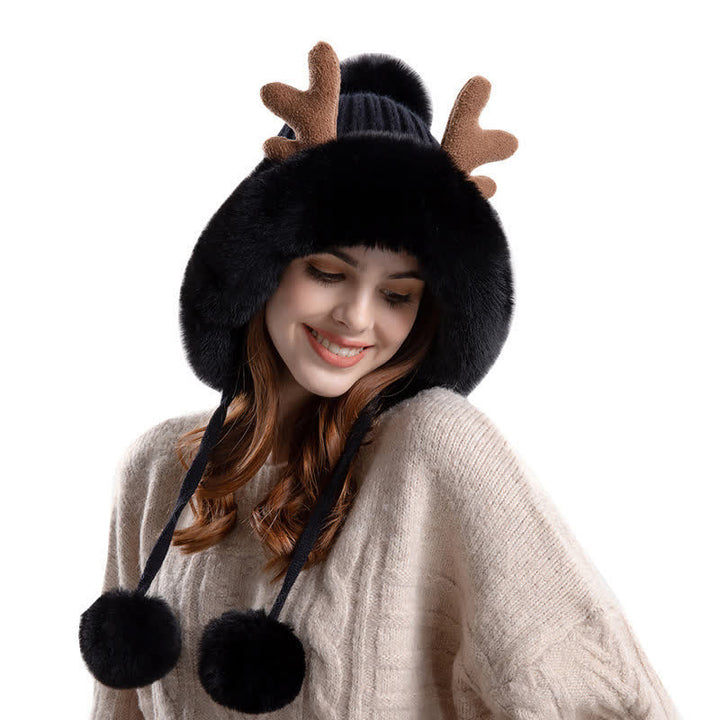 Women's Cute Deer Horn Pompom Knitted Hat