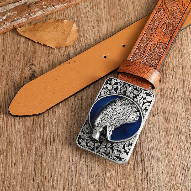 Men's Rectangular Bald Eagle Head Western Leather Belt