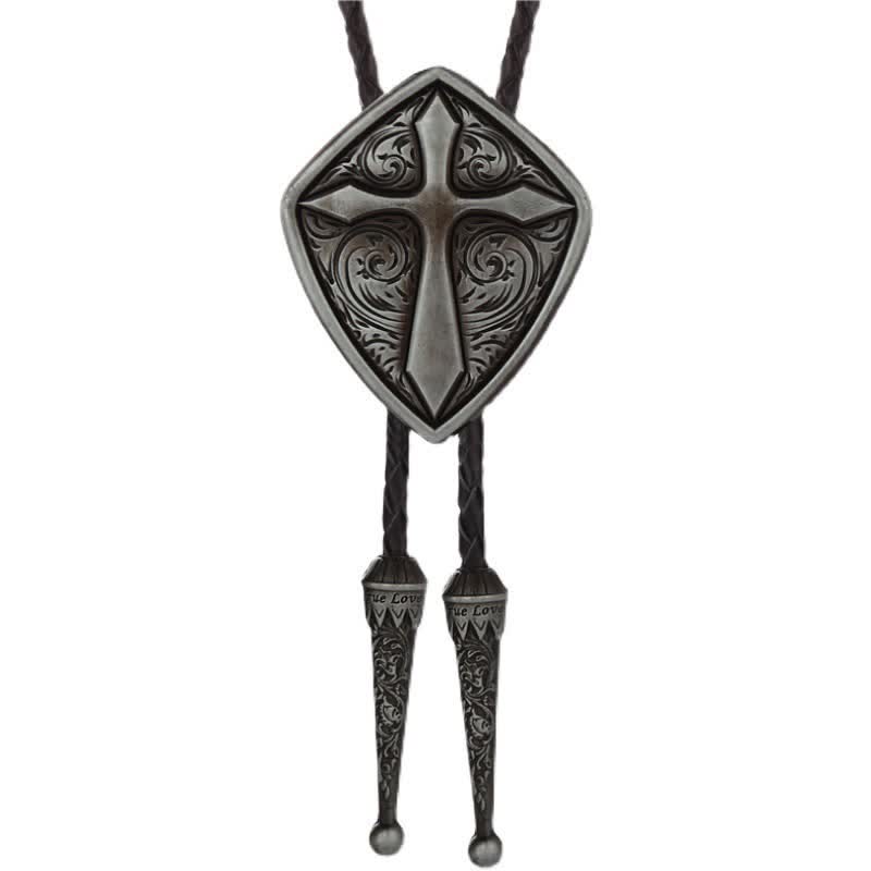 Antiqued Etching Cross Roman Shield Bolo Tie