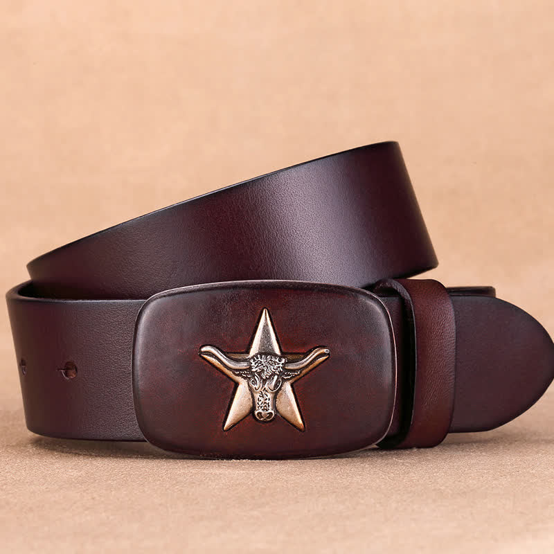 Men's Ox Head Star Plate Buckle Leather Belt