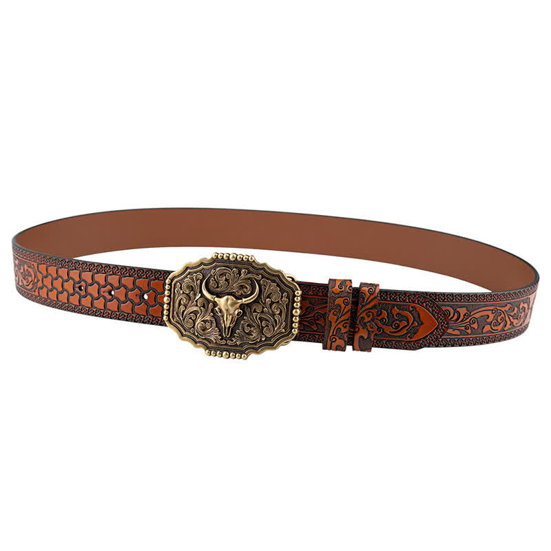 Men's Classic Floral Bull Skull Leather Belt