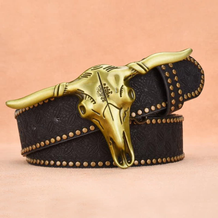 Men's Western Cattle Head Rivet Embossed Leather Belt