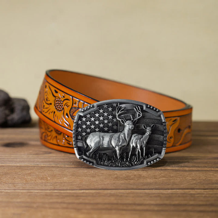 Men's DIY Deer Hunter American Flag Buckle Leather Belt