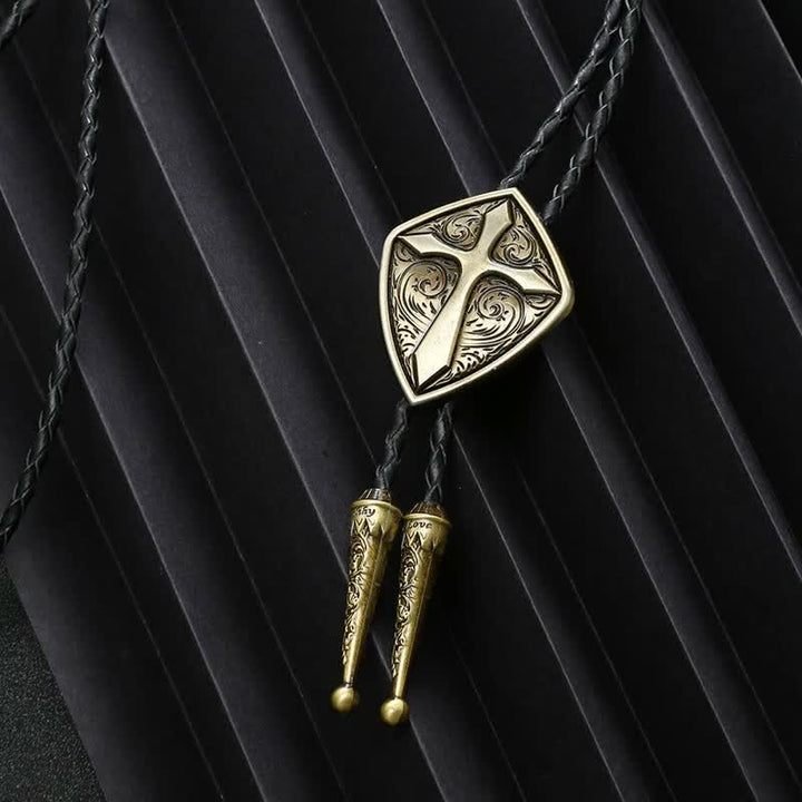 Antiqued Etching Cross Roman Shield Bolo Tie