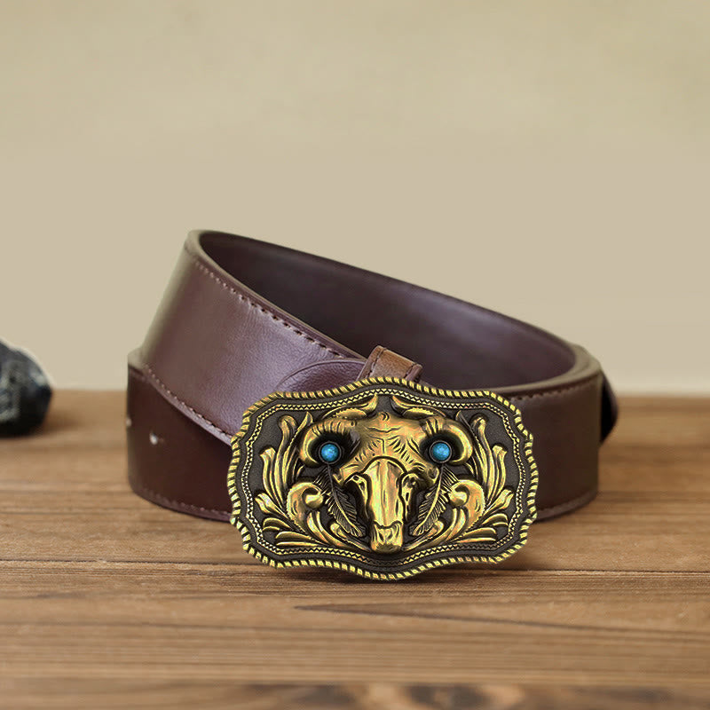 Men's DIY Goat Skull Turquoise Buckle Leather Belt