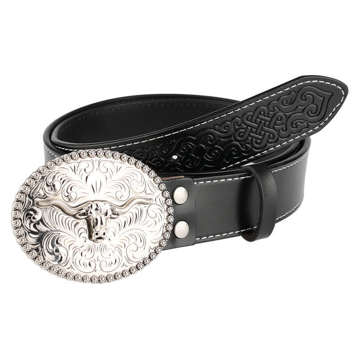 Men's Engarved Feather Bull Jeans Leather Belt