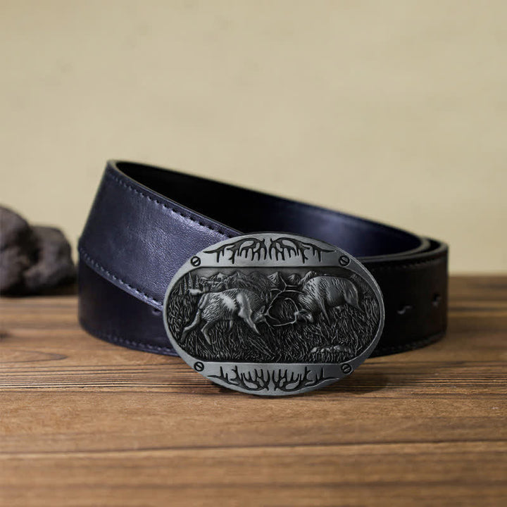 Men's DIY Wild Fighting Deer Buckle Western Leather Belt