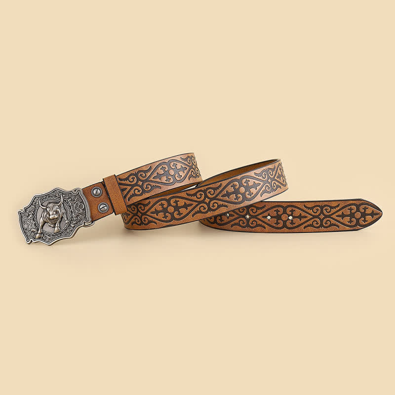 Men's Yak Matador Bull Engraved Floral Leather Belt