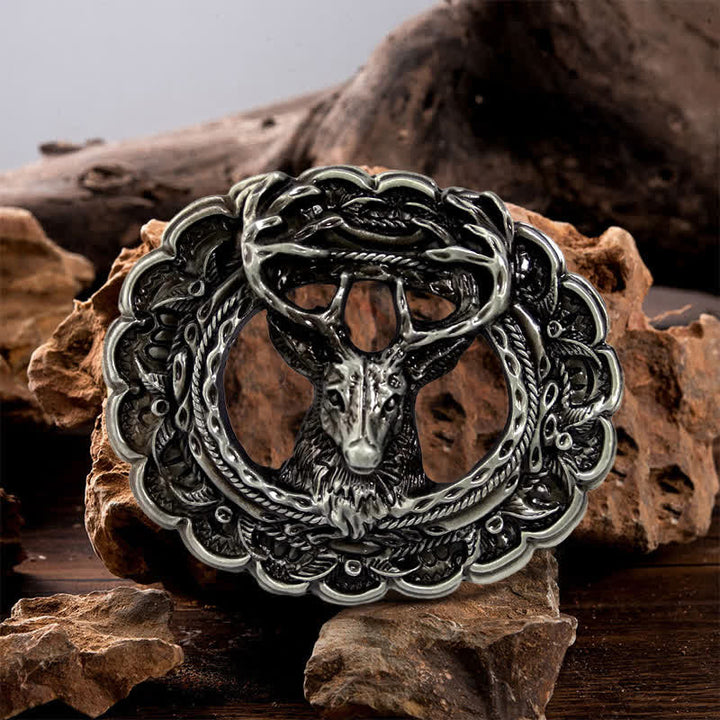 Men's DIY Hollow 3D Elk Antler Buckle Leather Belt