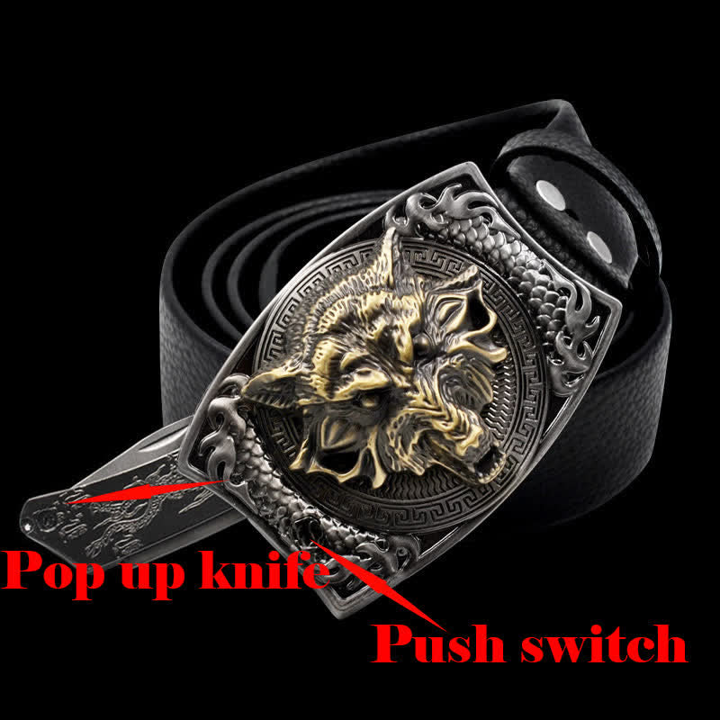 Men's Gold Wolf Head Leather Belt With Folding Knife - image 1