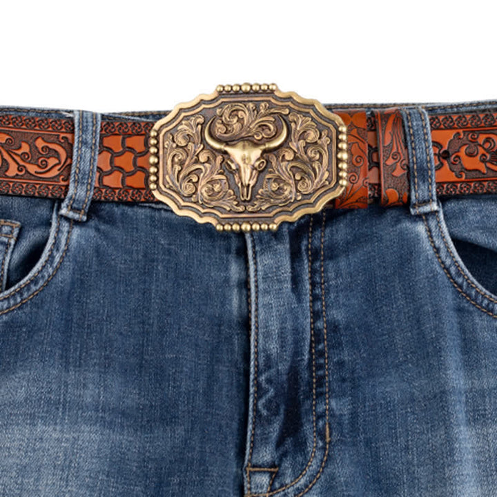 Men's Classic Floral Bull Skull Leather Belt