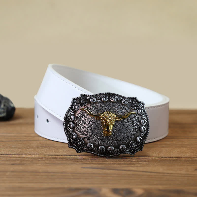 Men's DIY Longhorn Bull Antiqued Silver Buckle Leather Belt