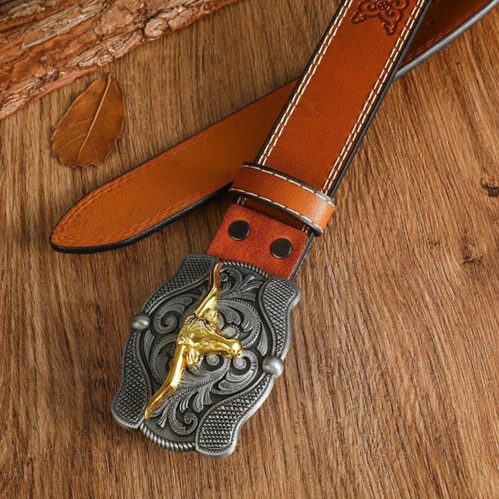 Men's Square Golden Longhorn Bull Leather Belt