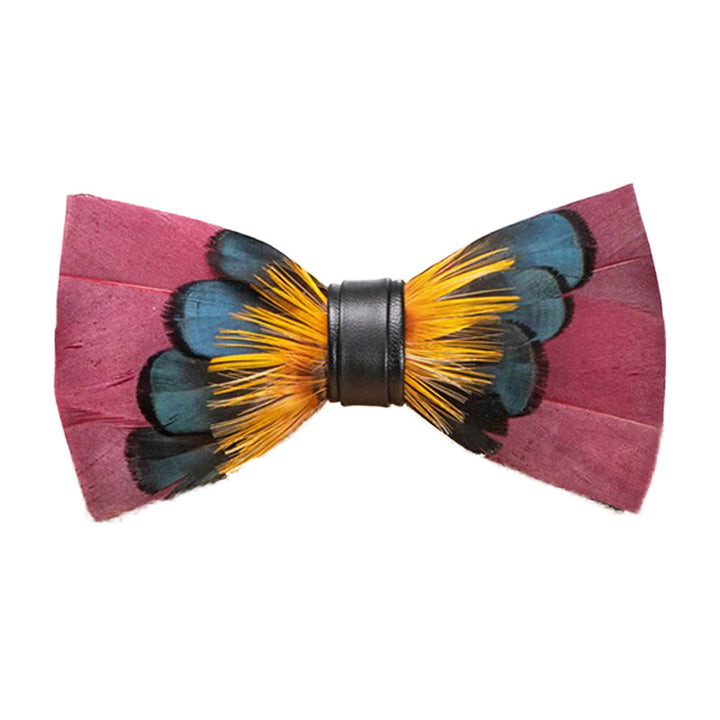 Pink & Orange Symmetrical Feather Bow Tie with Lapel Pin