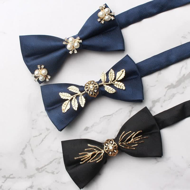 Men's Gold Leaves Pearl Floral Bow Tie