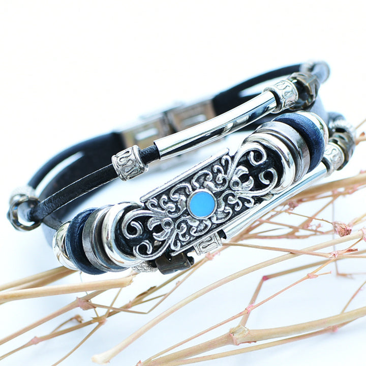 Men's Vintage Western Leather Blue Stone Filigree Bracelet - Black - image 7