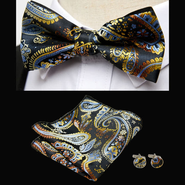 3Pcs Men's Luxurious Paisley Bow Tie Pocket Square Set - Black & Yellow - image 2